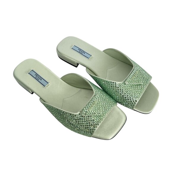 Prada Satin Crystal Embellished Acqua Slide Mules Sandals 37.5, 1XX642 NEW - Picture 4 of 16